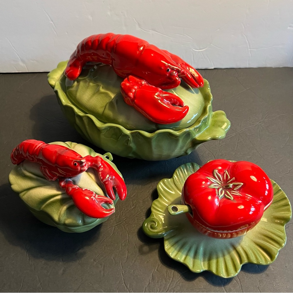 COPY - Brad Keeler Red Lobster and Tomato on Cabbage Ceramic Dish Set of 3